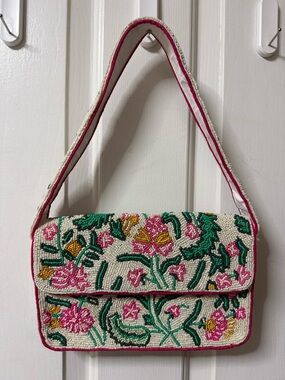Beaded Floral Shoulder Bag in White, Pink & Green